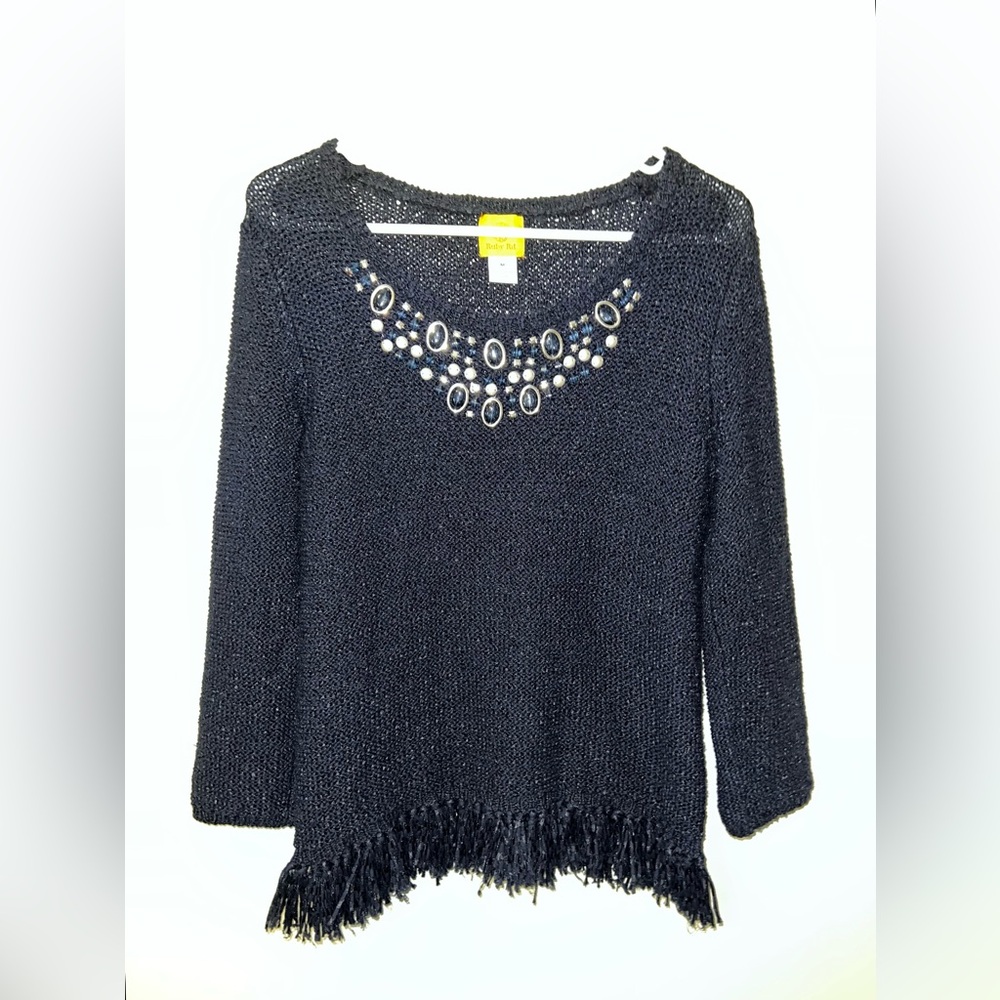 Ruby Rd Dark Navy Blue Beaded Neckline Pullover Fringe Winter Sweater! - Picture 2 of 12